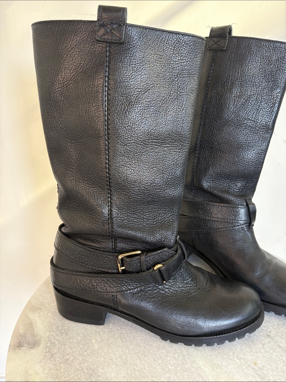DVF Women’s Black Leather Mid-Calf Buckle Boots Y2K